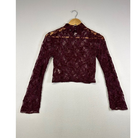 Romantic Goth Forever 21 Small Burgundy Sheer Flocked Floral Lace Mock Neck Top - Picture 2 of 8